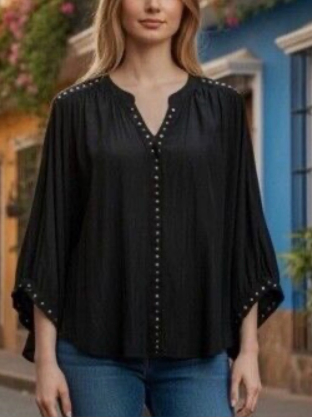 Chicos | Dolman sleeve loose fitting blouse Women’s size 2 L/12 gold grommets